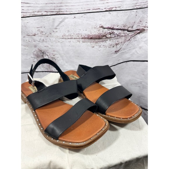 Steve Madden Shoes - Steve Madden Black Flat Sandals Studded Square Toe Ankle Strap Women Size 9